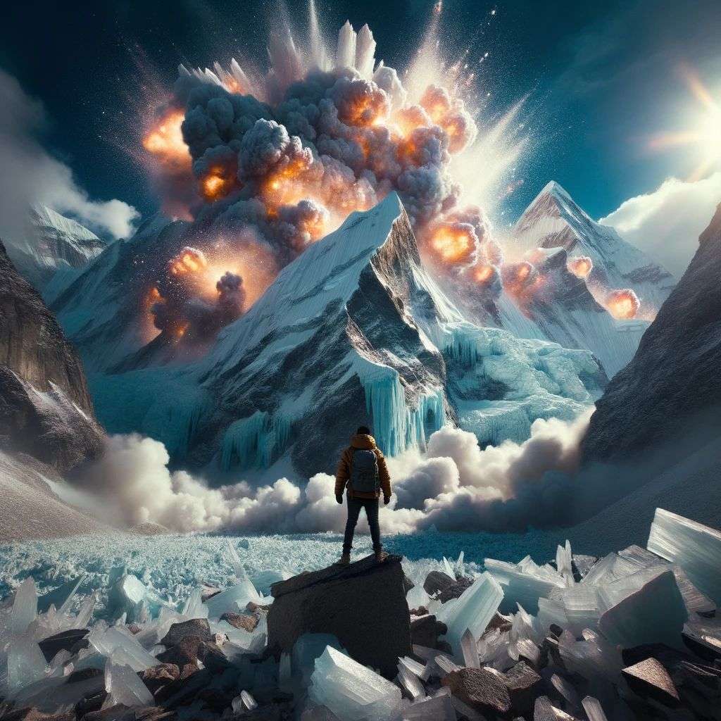 someone gazing at Mount Everest, covered in exploding crystals